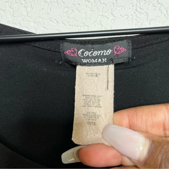 Cocomo Women‎ Top XL Black Jersey Knit Stretch Scoop Neck Ruched Waist Ruffle - Picture 2 of 6